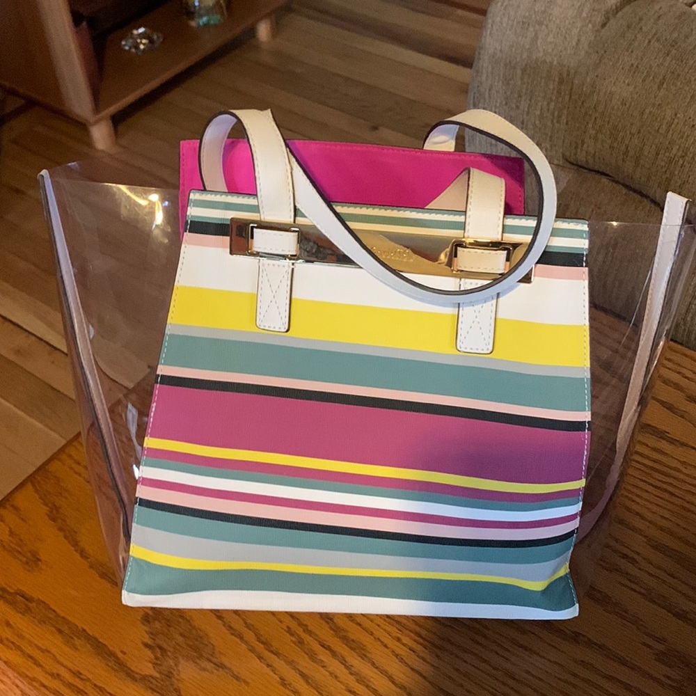 Vince Camuto Pink combo- multicolor stripes with clear sides Tote